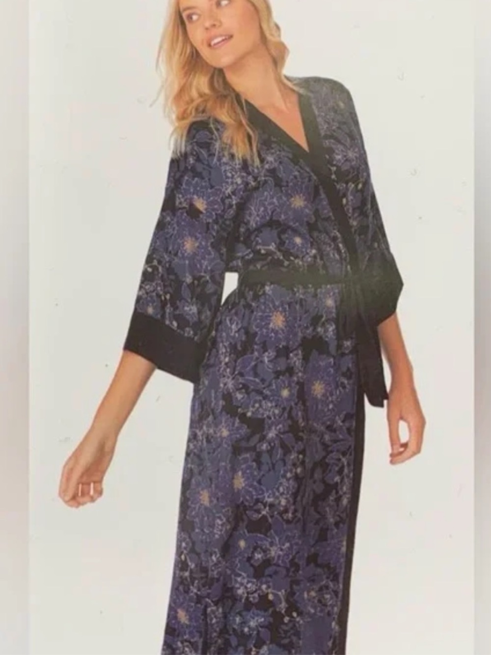 Kenzie Floral Kimono Robe Navy Blue Gold Satin Mid Calf Lounge Robe L/XL